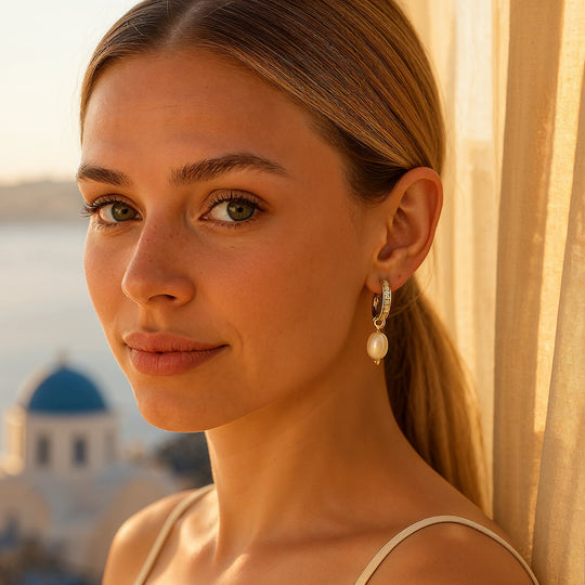 "SANTORINI" DIAMOND PEARL HOOPS