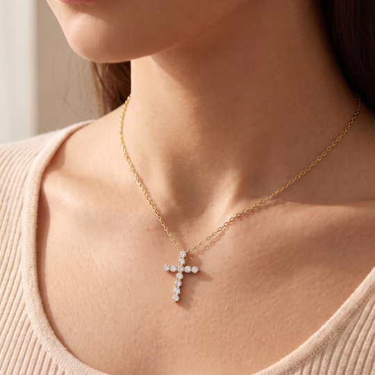 "Naples" Pave Cross Pendant Necklace — Gold, worn