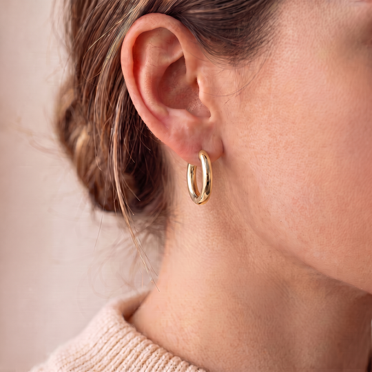 "London" Chunky Huggie Hoops — Gold, worn
