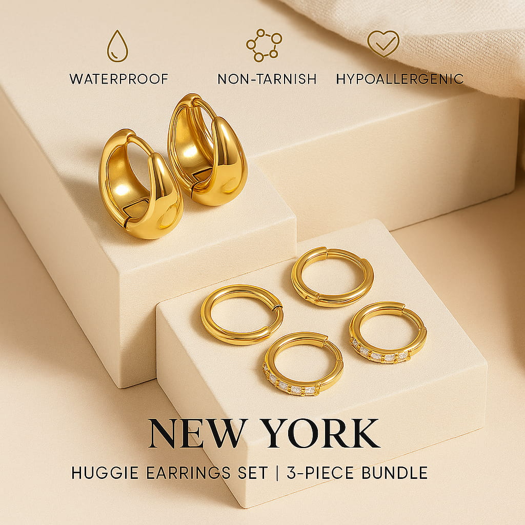 "New York" Huggie Earrings Set | 3-Piece Bundle