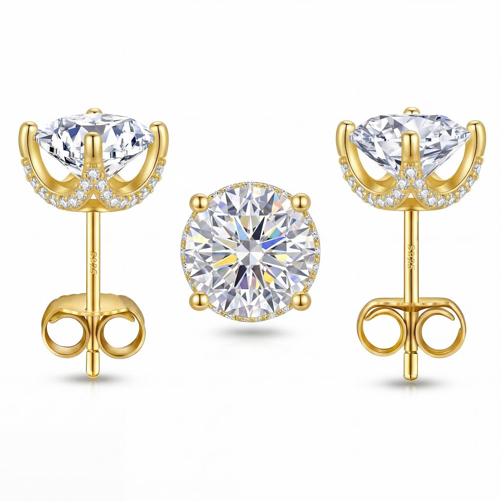 “Roma” Moissanite 1ct Crown Pavé Solitaire Stud Earrings