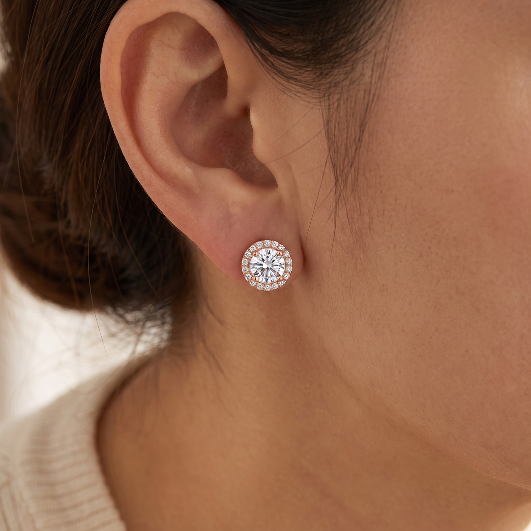 "Valencia" Rose Gold Halo Studs — worn