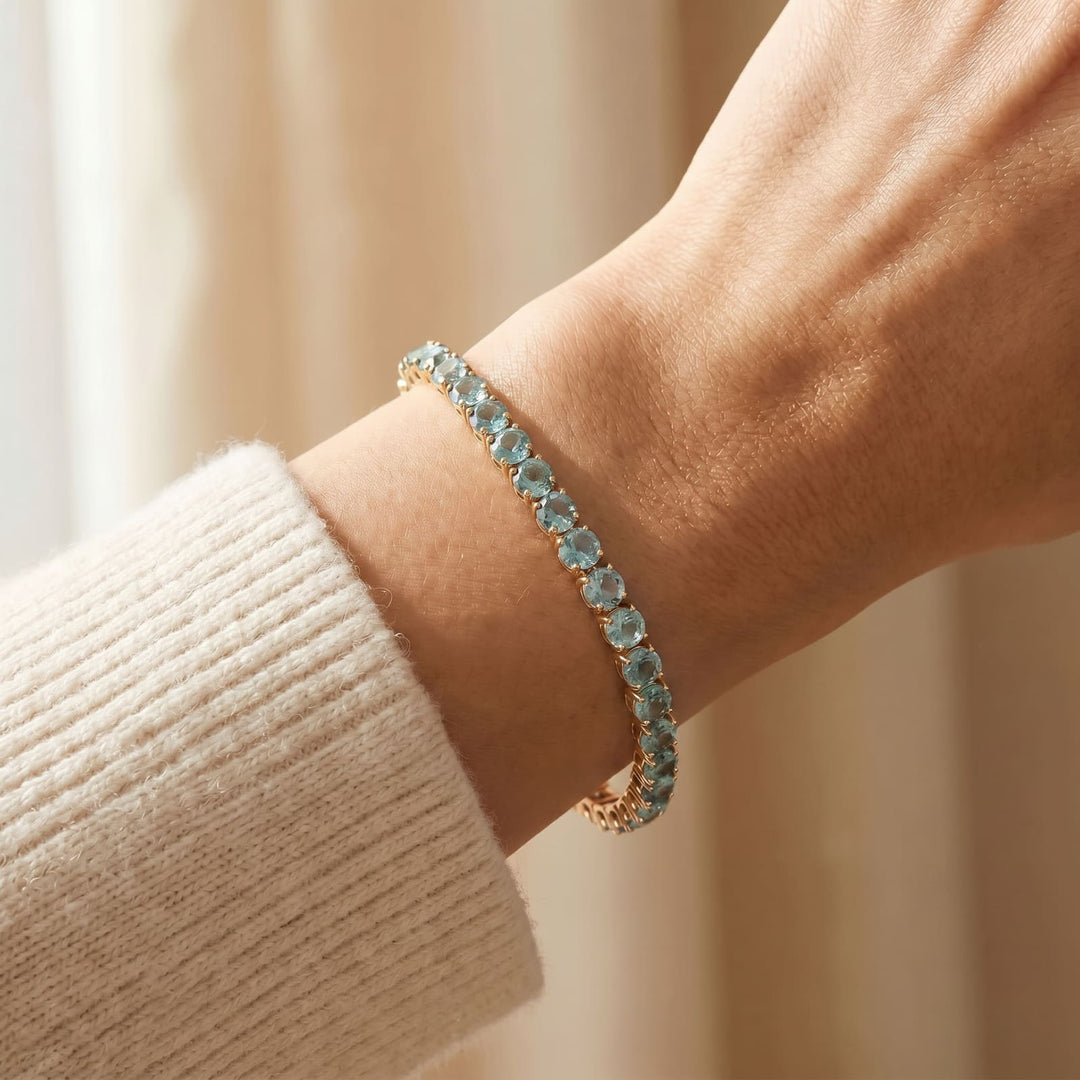"Miami" Aquamarine Tennis Bracelet 2.0 gold on wrist