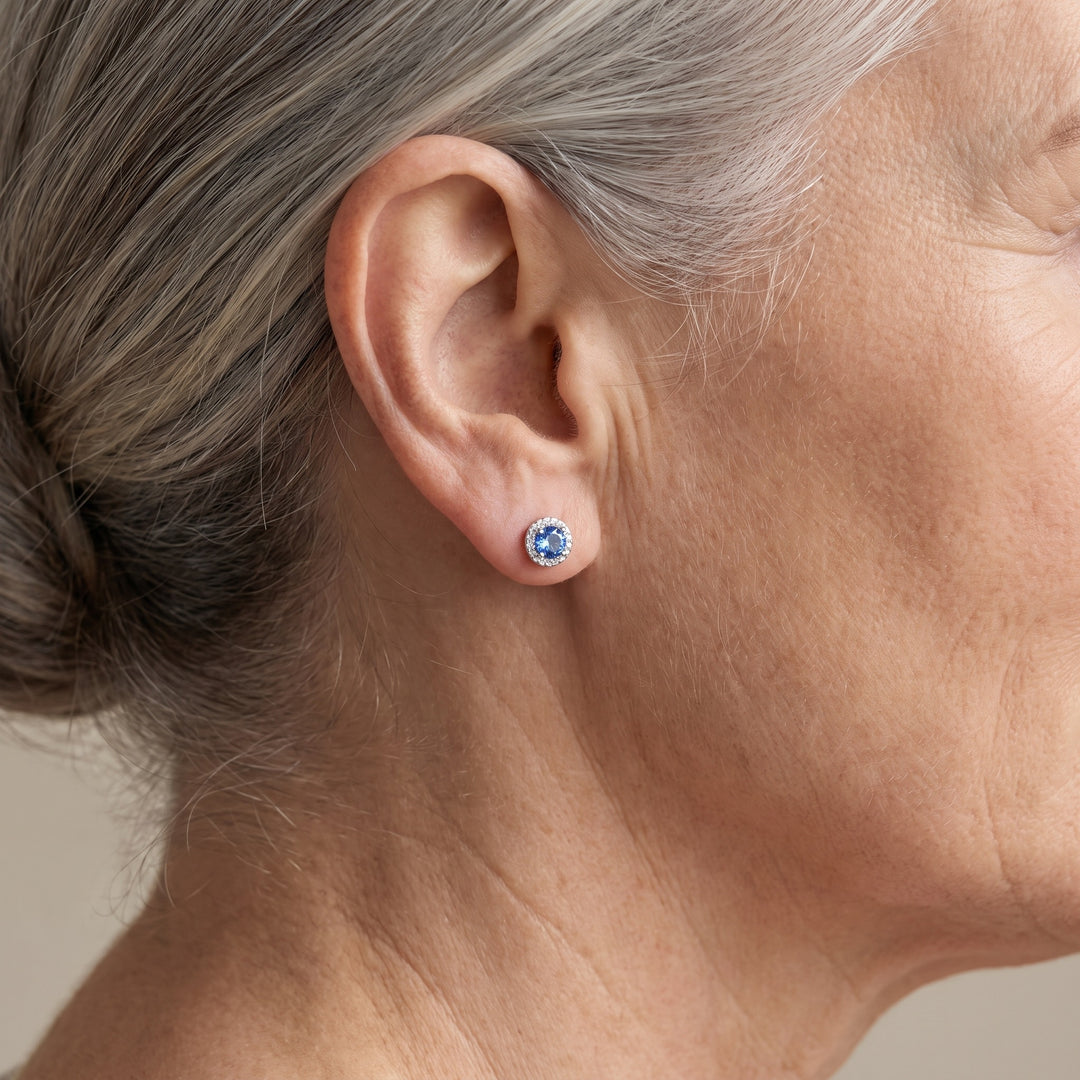 Avila Blue Halo Studs — Silver, worn