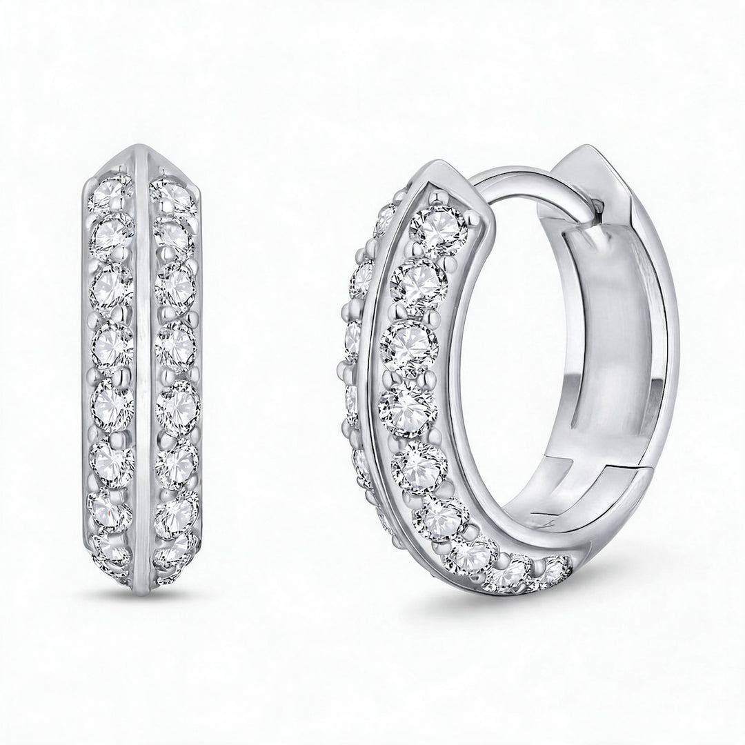 Basel Moissanite 1ct Pavé Huggie Earrings — Silver flatlay