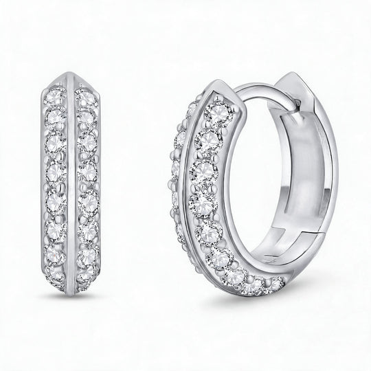 Basel Moissanite 1ct Pavé Huggie Earrings — Silver flatlay