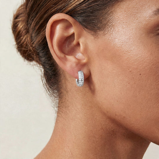 Basel Moissanite 1ct Pavé Huggie Earrings — Silver, worn