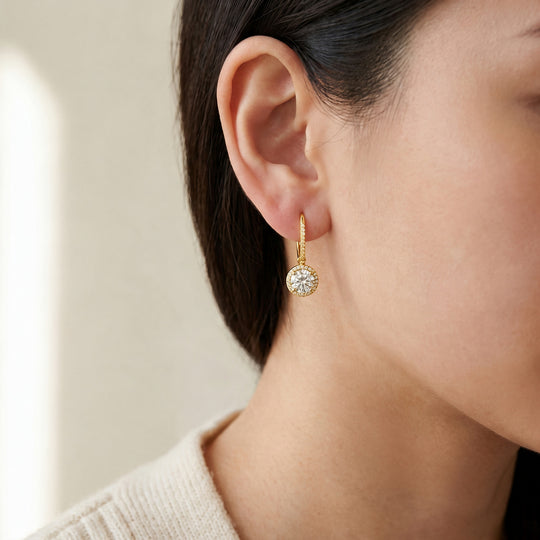 Bergen Petite Halo Leverback Earrings — Gold, worn