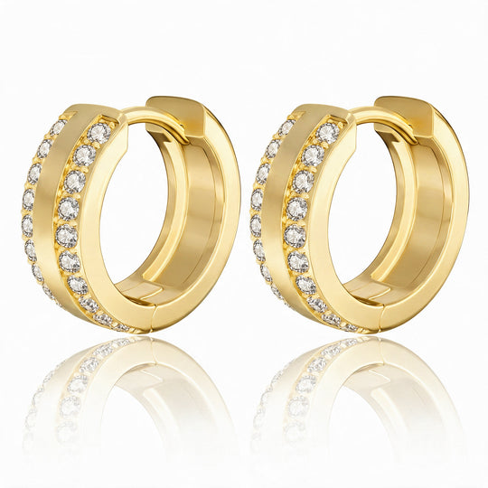 Bologna Wide Pavé Huggie Hoops — Gold flatlay
