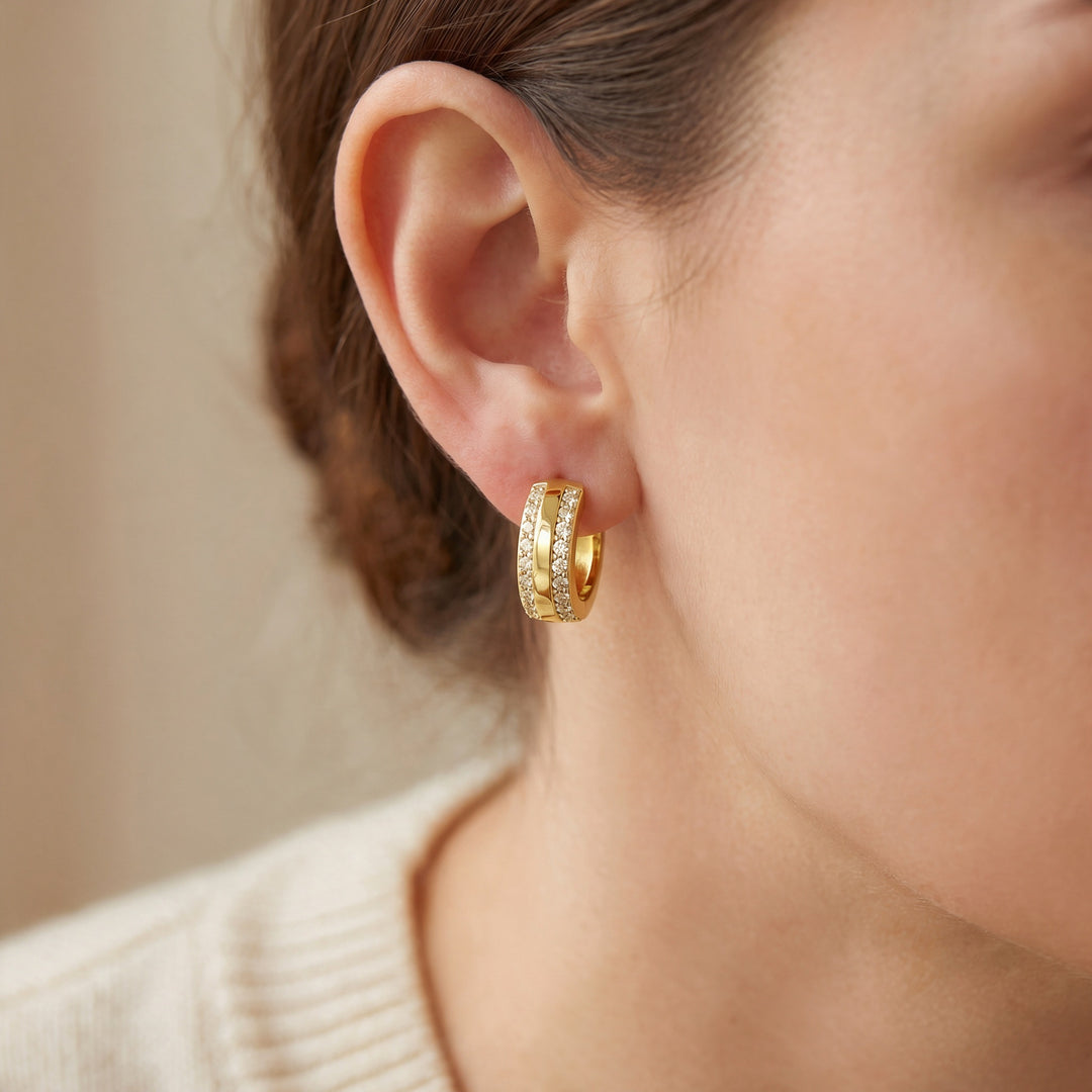 Bologna Wide Pavé Huggie Hoops — Gold, worn