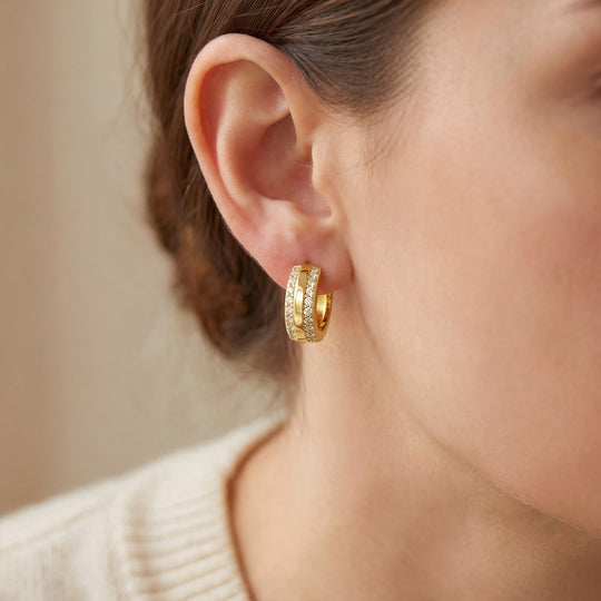 Bologna Wide Pavé Huggie Hoops — Gold, worn