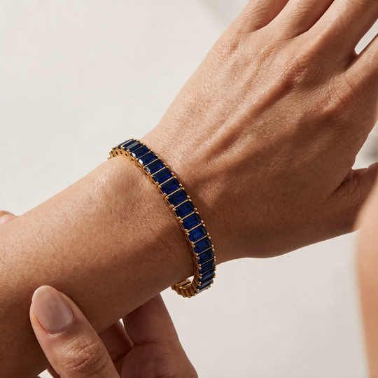 Boston Sapphire Baguette-Cut Tennis Bracelet — Gold, worn on the wrist