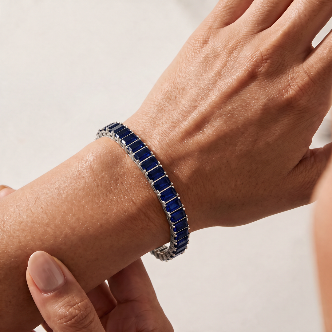 Boston Sapphire Baguette-Cut Tennis Bracelet — Silver, worn on the wrist