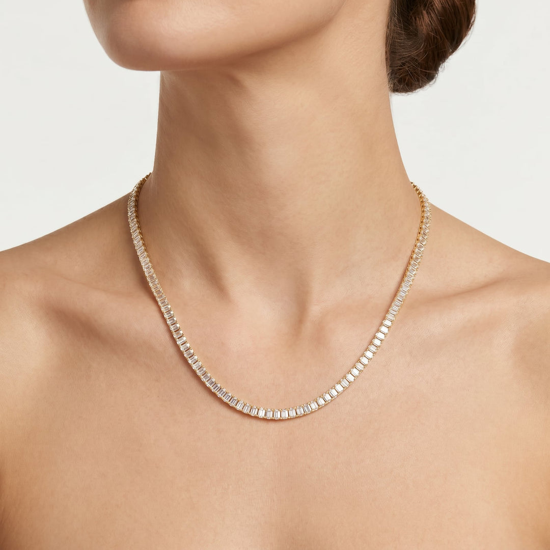 Boston Classic Baguette Tennis Necklace worn on neckline