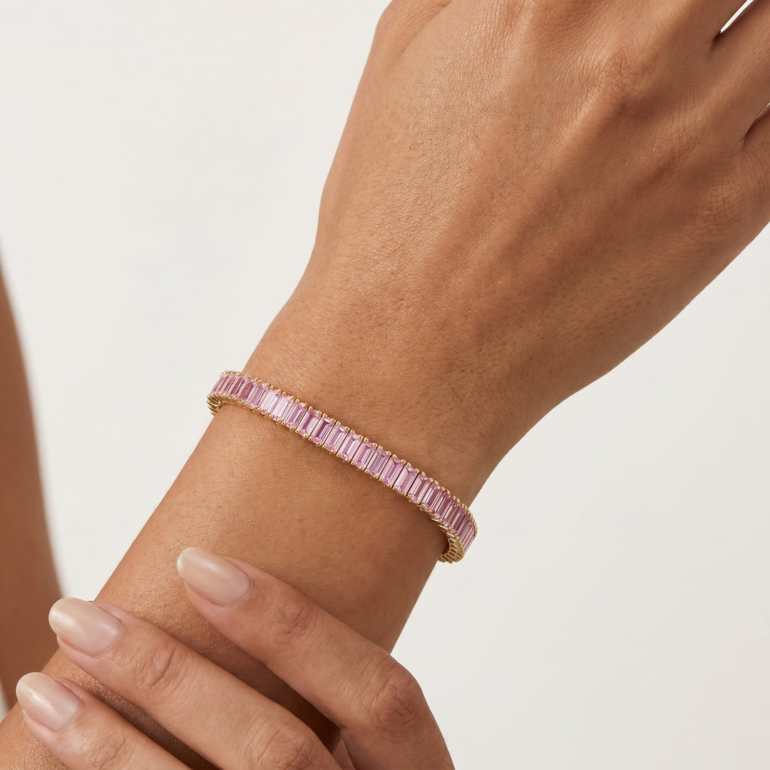 Boston Pink Sapphire Baguette Tennis Bracelet worn on wrist