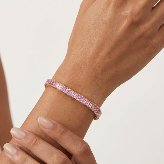 Boston Pink Sapphire Baguette Tennis Bracelet worn on wrist