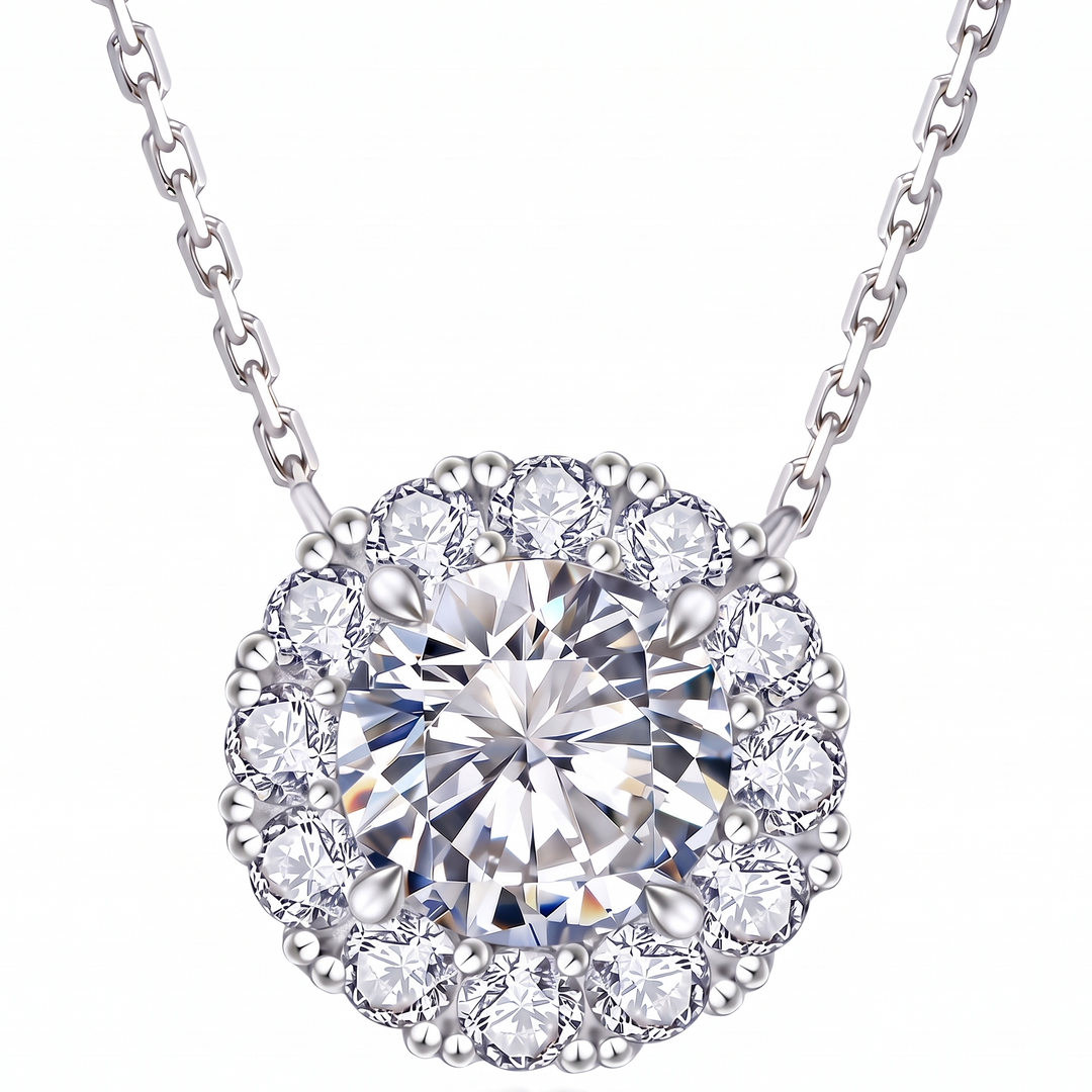 “Geneva” Moissanite 1ct Halo Solitaire Necklace