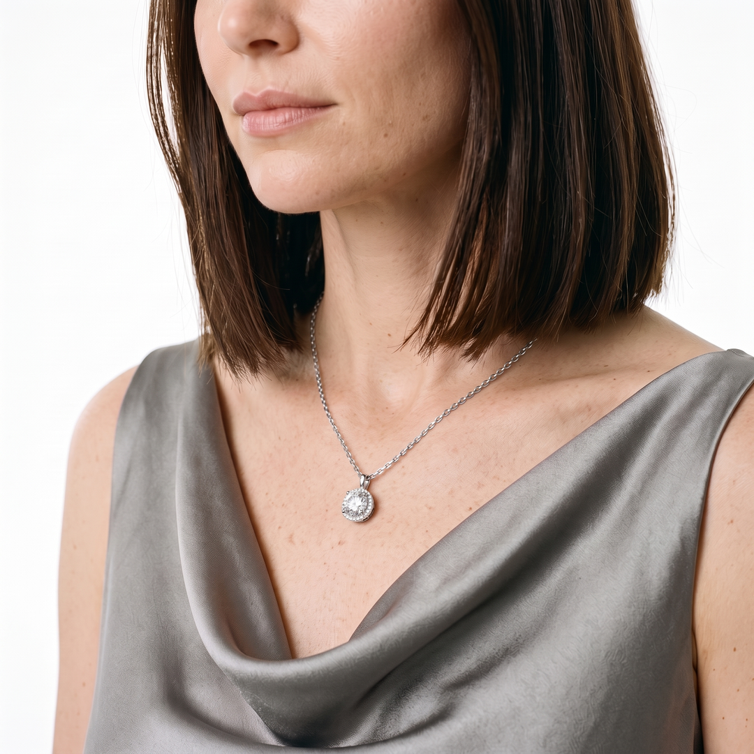 “Geneva” Moissanite 1ct Halo Solitaire Necklace