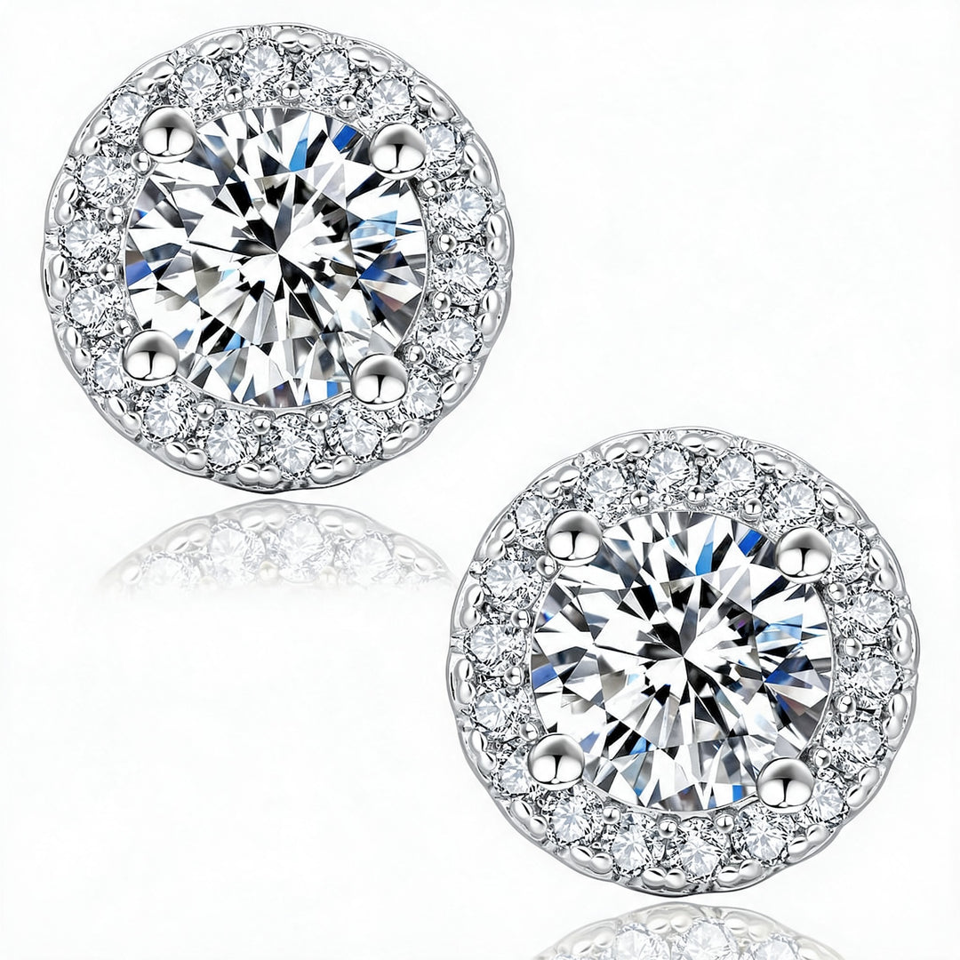 Geneva Moissanite 1ct Halo Solitaire Stud Earrings — Silver flatlay