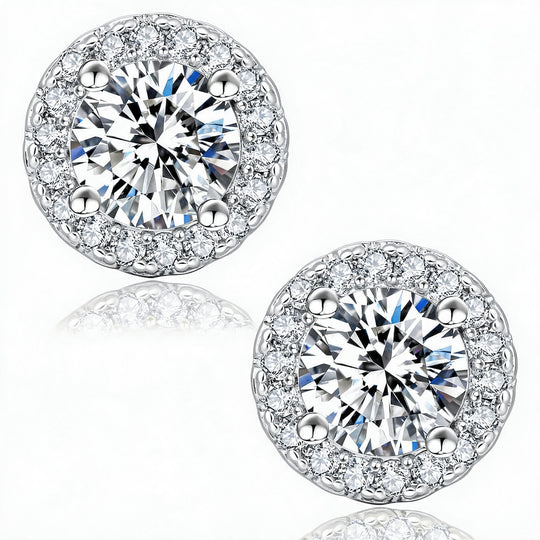 Geneva Moissanite 1ct Halo Solitaire Stud Earrings — Silver flatlay