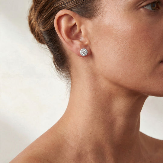 Geneva Moissanite 1ct Halo Solitaire Stud Earrings — Silver, worn