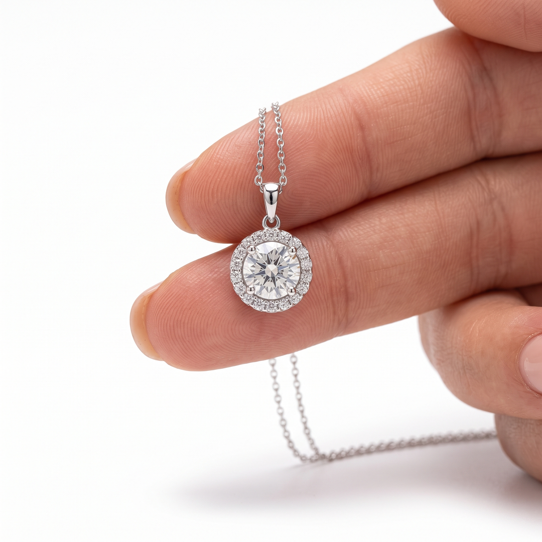 “Geneva” Moissanite 1ct Halo Solitaire Necklace
