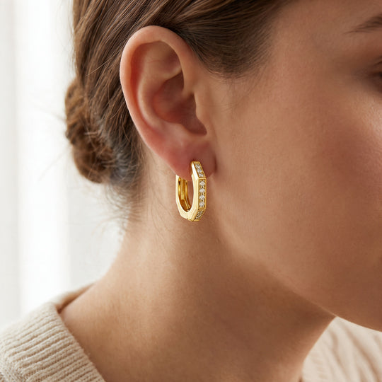Genoa Octagon Pave Huggies — Gold, worn