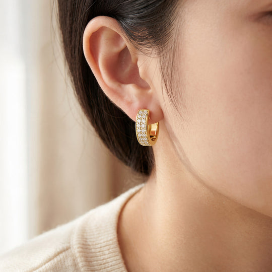 Granada Double-Row Pavé Huggies — Gold, worn