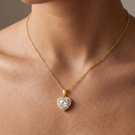 Helsinki Moissanite 1ct Heart Halo Necklace — Gold, worn at the collarbone