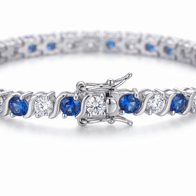 “Helsinki” Blue Sapphire & Diamond Bezel Alternating Tennis Bracelet