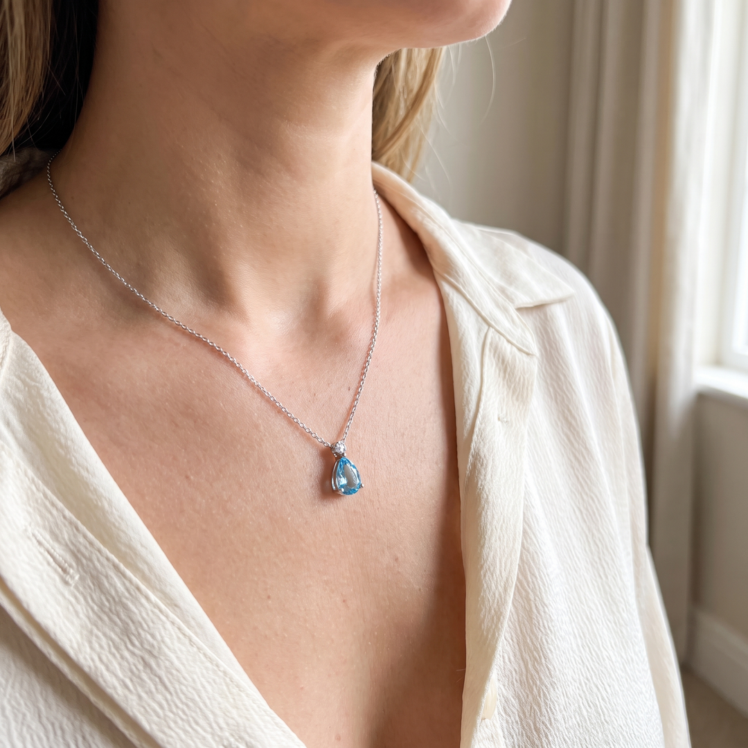 Bermuda Blue Topaz Teardrop Pendant worn