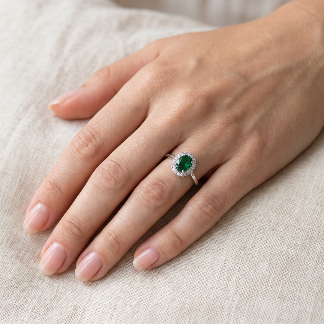 Verona Emerald Halo Ring worn