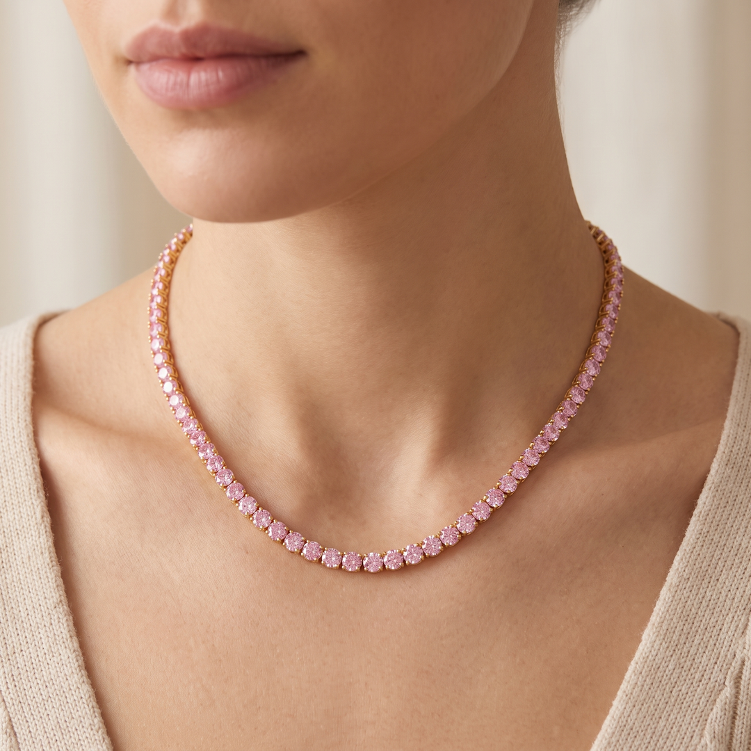 Miami Pink Sapphire Tennis Set — necklace worn at the collarbone