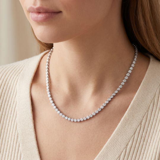 Oslo Classic Bezel Set — necklace worn at the collarbone