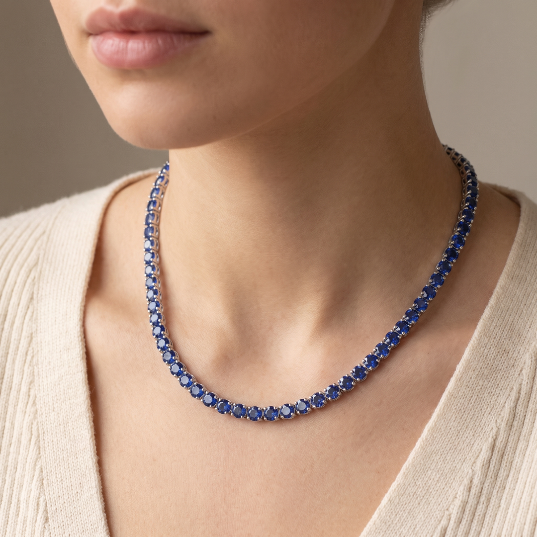 Miami Sapphire Tennis Set in Silver — necklace worn at the collarbone