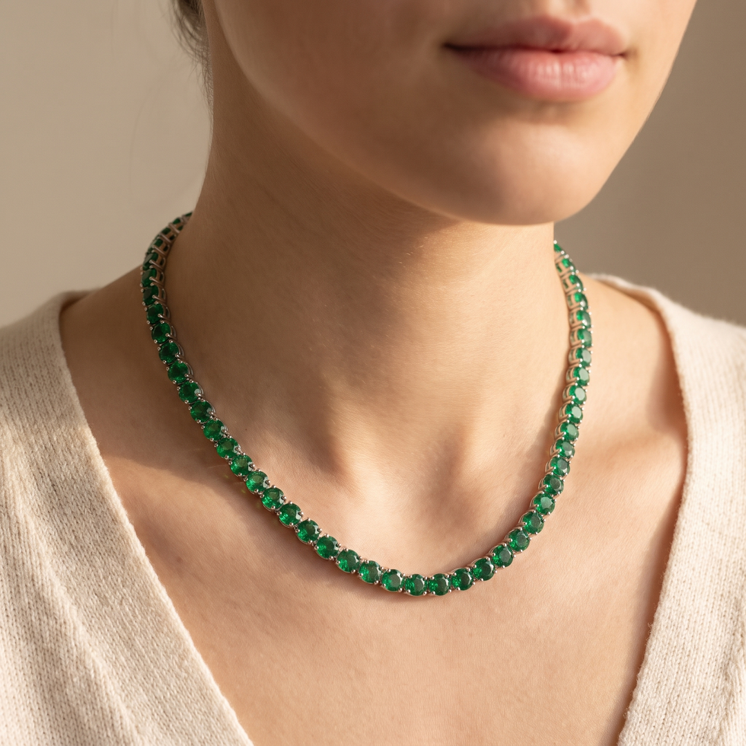 Miami Emerald Tennis Set in Silver — necklace worn at the collarbone