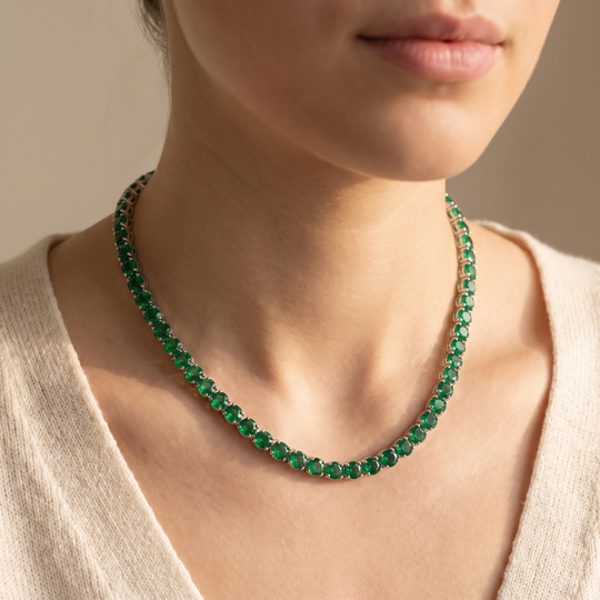 Miami Emerald Tennis Set in Silver — necklace worn at the collarbone