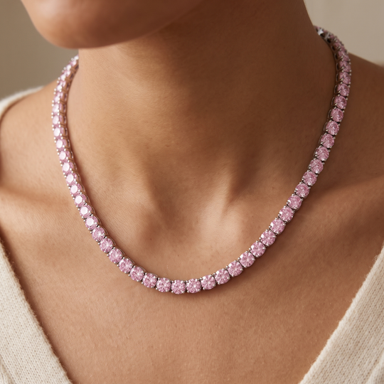 Miami Pink Sapphire Tennis Set in Silver — necklace worn at the collarbone