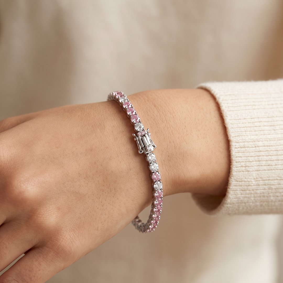 Miami Pink Sapphire Bracelet & Studs Set in Silver — bracelet worn