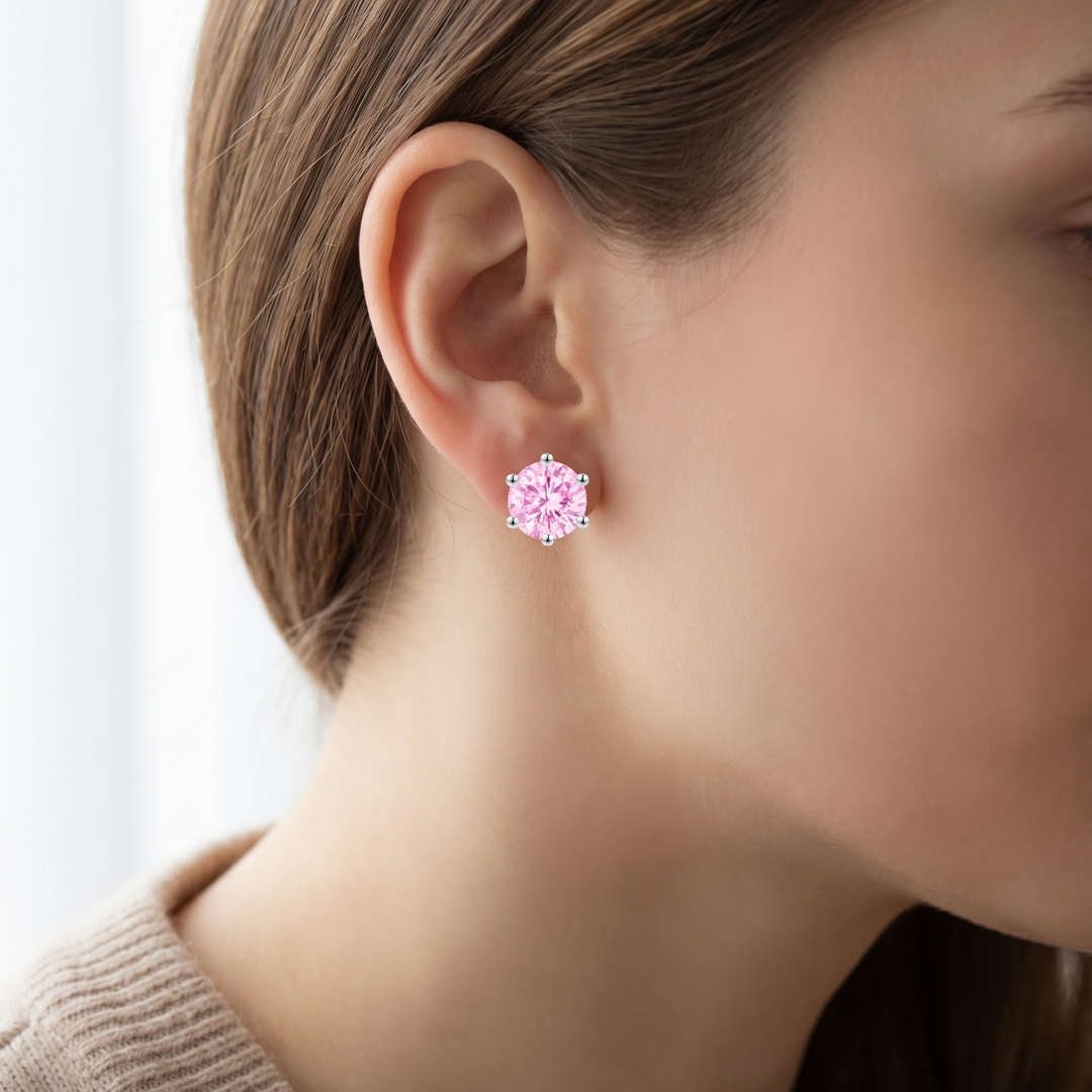 Miami Pink Sapphire Tennis Set in Silver — stud earrings worn