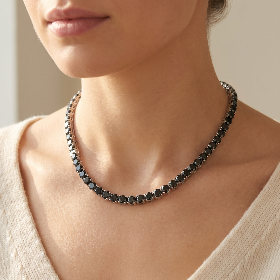 Miami Onyx Tennis Set in Silver — necklace worn at the collarbone