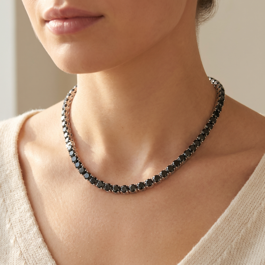 Miami Onyx Tennis Set in Silver — necklace worn at the collarbone