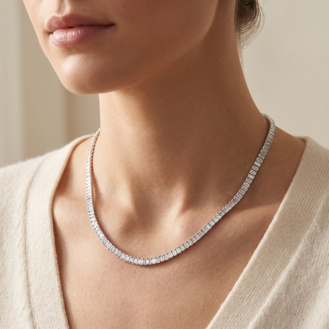 Boston Classic Baguette Set in Silver — necklace worn at the collarbone