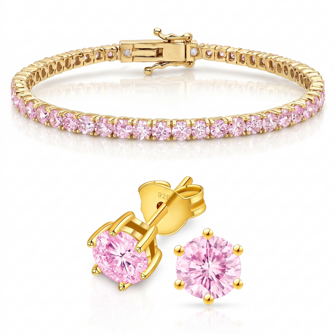 Miami Pink Sapphire Bracelet & Studs Set in Gold — the full set