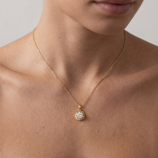 Stockholm Moissanite 1ct Swirl Halo Necklace — Gold, worn at the collarbone