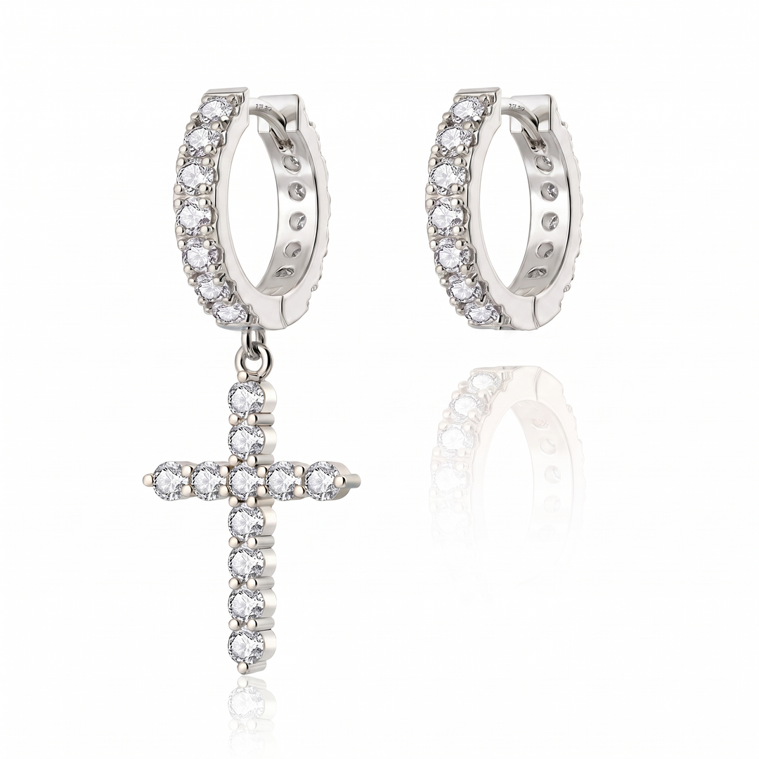 "Athens" Pave Huggie & Cross Drop Earrings