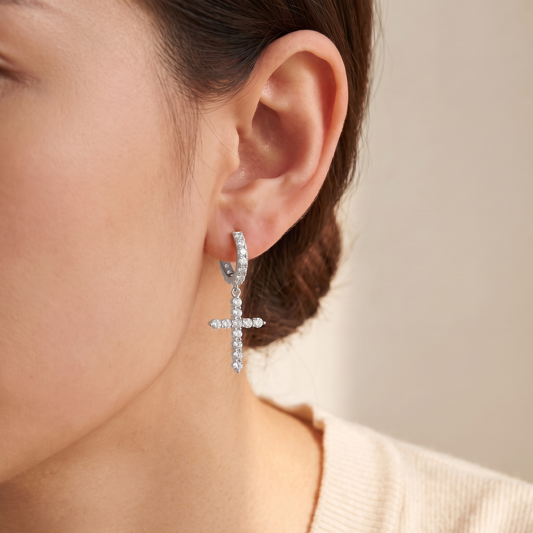 "Athens" Pave Huggie & Cross Drop Earrings