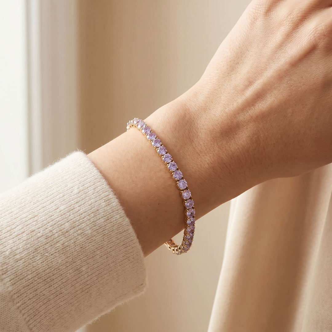 "Miami" Lavender Tennis Bracelet 2.0 gold on wrist