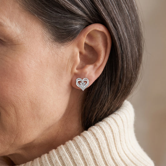 Lecce Moissanite Heart Studs — Silver, worn