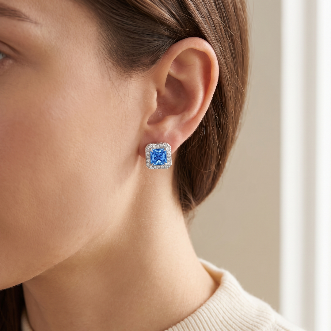 "Bruges" Blue Princess Halo Studs worn